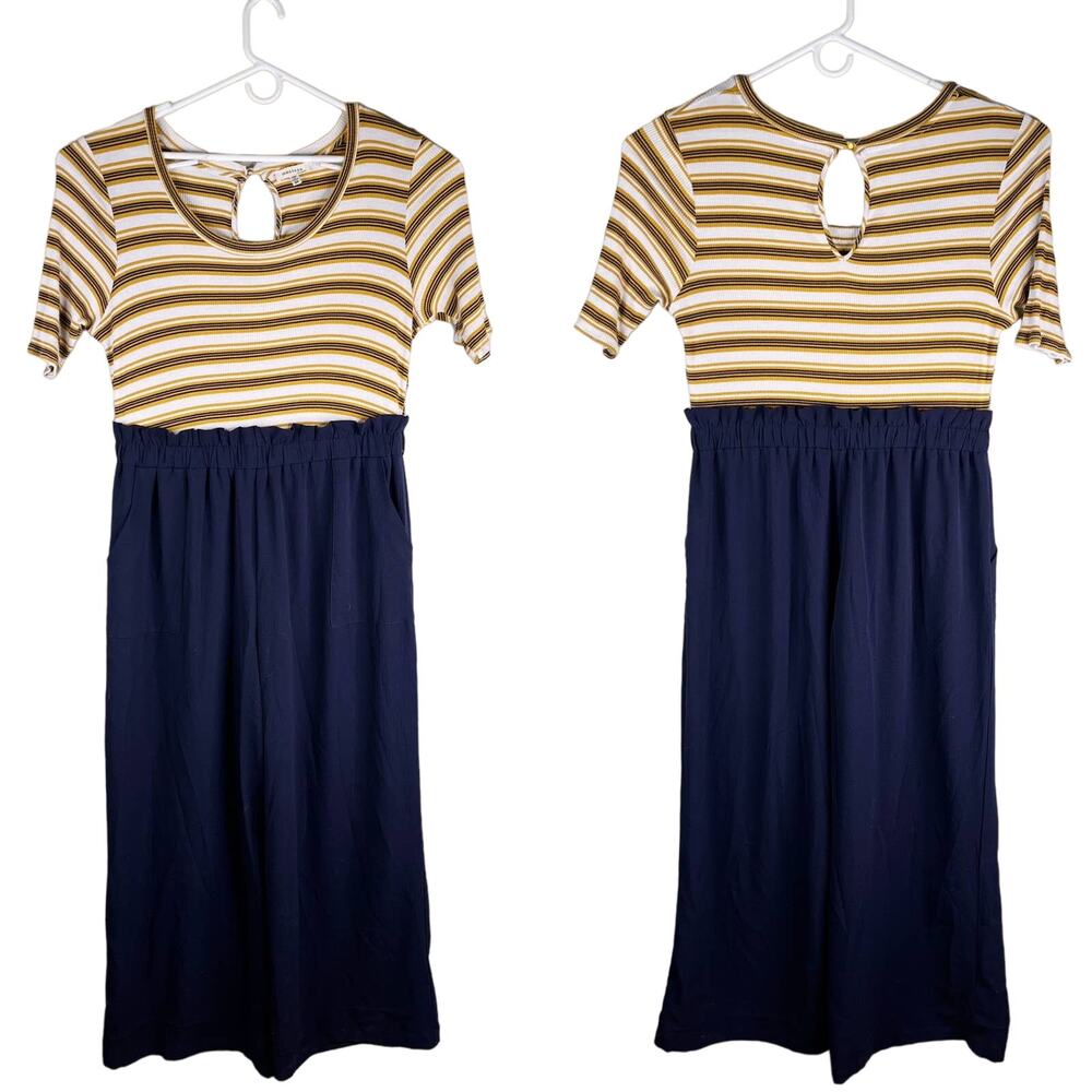 Monteau Jumpsuit 2X Navy Yellow White Stripes Short Sleeve Stretch Pockets